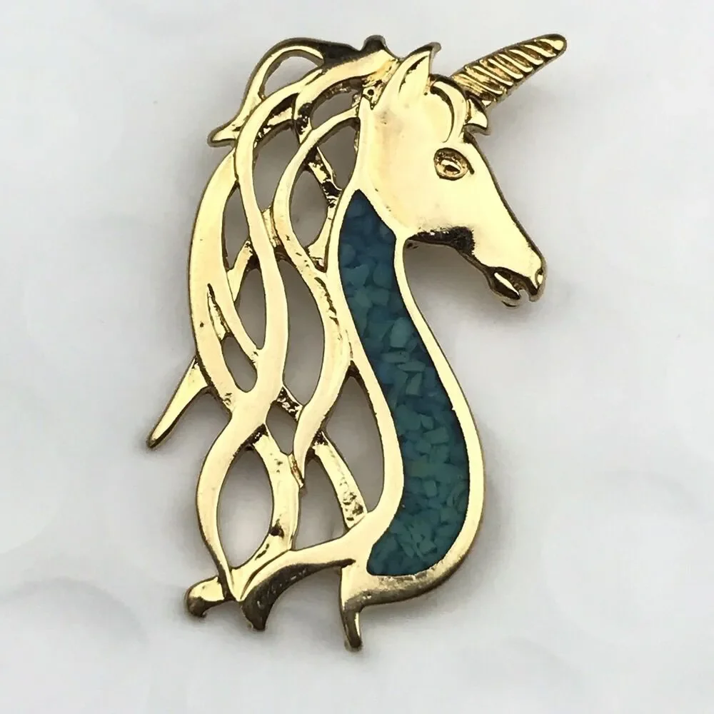 Unicorn Pin Brooch Gold Tone Turquoise Whimsical Fantasy